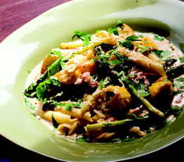 Pancetta, Asparagus and Pattypan Squash with Traditional Alfredo Sauce