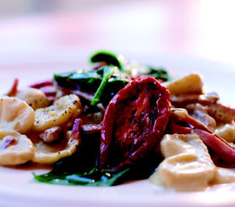 Orecchiette Pasta with Montreal Procuitto, Oven dried Tomatoes, Creamed Globe Artichokes and Spinach