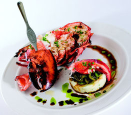 Grilled Lobster with Aged Balsamic-Glazed Fiddleheads and Jerusalem Artichoke Puree