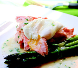 Whole Poached Salmon with Poached Free-range Egg, Pickled Asparagus and Chive Beurre Blanc