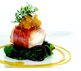 Proscuitto-wrapped Monkfish with Chard and Cape Breton Mustard Pickles