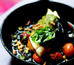 Basil Pesto-crusted Sea Bass with Charred Cherry Tomatoes and Pine Nuts
