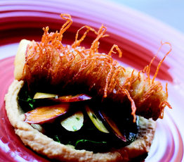 Potato-crusted Cod, Browned Butter Celery Root Puree and Muscat-braised Summer Leeks