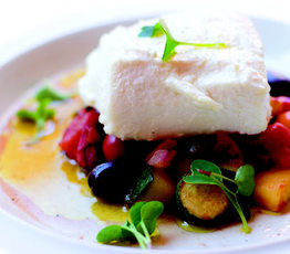 Olive Oil-Poached Halibut with Puttanesca Summer Squash