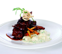 Braised Beef Short Ribs, White Cheddar Gnocchi, Tarragon Carrots and Friend Shallots