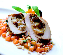 Ham, Mozzarella and Caramelized Onion-Stuffed Chicken with Sweet Potato "Risotto" and Pine Nuts