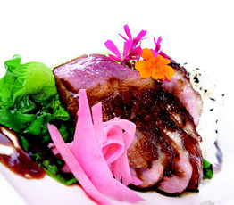 Ginger and Sesame-glazed Duck on Sticky Rice with Pak Choi