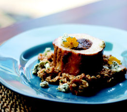 Dried Fruit-stuffed Pork Loin with Walnut Blue Cheese Risotto