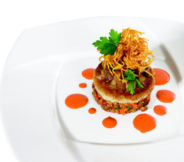 Fried Green Tomatoes, Braised Lentils, Celery Root Fries, Quince Ginger Chutney and Red Pepper Chili Cream