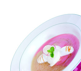 Autumn Apple Soup, Toasted Almond Meringues, Caramel Mousse and Amaretto