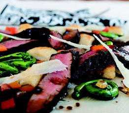 Marinated Flank Steak With Fried Potato Gnocci, Fiddleheads, Balsamic and Pecorino Romano