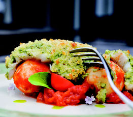 Basil Pesto and Cream Cheese-crusted Haddock with Tomato and New Potato Ragout