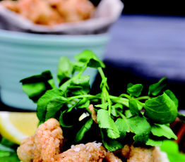 Fried Steamer Clams with Celery Root Puree, Lemon and Watercress