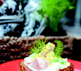 Salmon a la King with Sweet Peas, Leeks and Chopped Egg