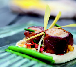 Prosciutto-wrapped Sea Scallops with Jerusalem Artichoke Puree and Roasted Corn
