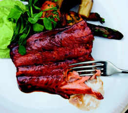 Sweet Soy-glazed Arctic Char with Pea Puree and Roasted Heirloom Carrots