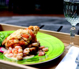 Creamed Shrimp on Smoked Salmon Scones with Arugula and Radish Salad