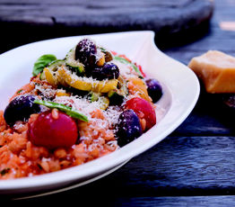 Tomato Risotto with Lentils, Sauteed Summer Squash and Olives