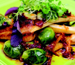 Roasted Parsnip and Brussels Sprouts with Cranberry-orange Vinaigrette