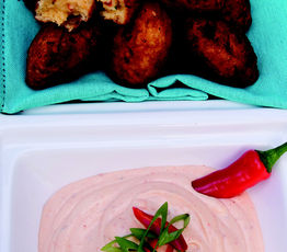 Roasted Pepper and Aged Cheddar Fritters with Chipotle Mayo