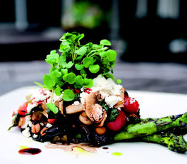 Stuffed Portobello Mushroom Cap with Grilled Asparagus, Feta and Microherbs