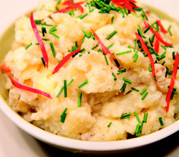 Perfectly Imperfect Potatoes with Red Chili and Chive Creme Fraiche