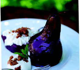 Poached Pears with Vanilla Mousse and Oatmeal Crumble
