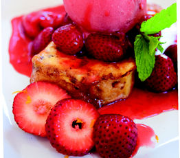 Brioche French Toast with Stewed Strawberries and Rhubarb Sorbet