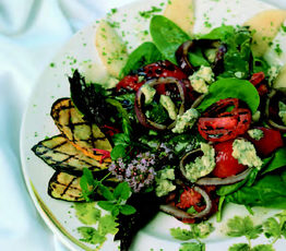 Baby Leaf Spinach with Grilled Vegetables, Stilton Cheese and Pear Vinaigrette