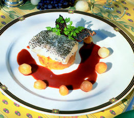 Poached Pickerel in Smoked Milk with Jerusalem Artichocke Mousseline and Red Wine Sauce