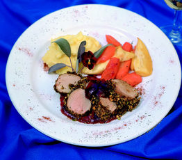 Pistachio-and-Coffee-Crusted Pork Tenderloins with Apricot and Cranberry Sauce