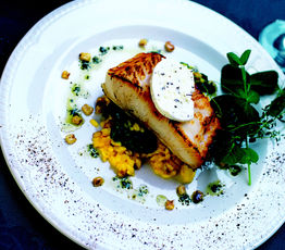 Striped Sea Bass with Lemon Pepper Butter Sauce and Corn and Potato Risotto