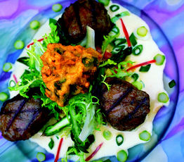 Grilled Ontario Pork Tenderloin with Rieslign Cream Corn and Asparagus Crispin Apple Fritters