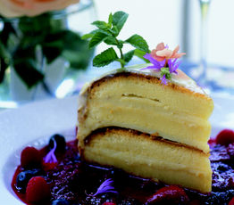 Brandy and Vanilla Custard Cake on Three-Berry Compote