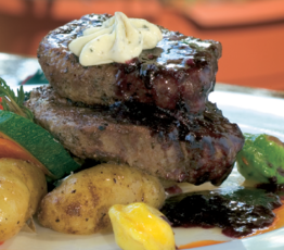 Medallions of Beef in Red Wine Port Shallot Sauce with Blue Cheese Butter