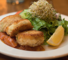 Smoked Cod Potato Cakes with Warm Tomato Chow