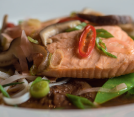 Poached Sea Trout with Sesame Ginger Broth