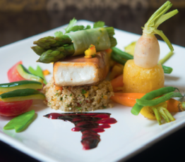Peppered Prosciutto-Wrapped Halibut with Mango Salsa