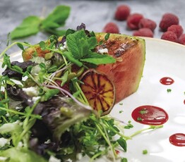 Barbequed Watermelon, Mint and Feta Salad with Raspberry Dressing