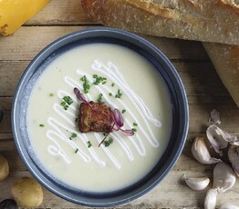 Deconstructed Baked Potato Soup with Sour Cream Aioli and Cheddar Toutons