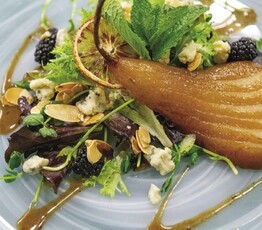 Dragon's Breath Blue Cheese and Poached Pear Salad with Candied Almonds and Port Dressing