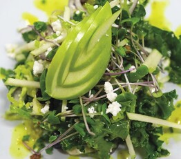 Kale and Brussels Sprout Salad with Bacon, Apple and Sun-dried Blueberries