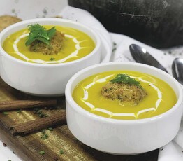 Curried Sweet Potato Soup with Maple Syrup and Gouda Fritter
