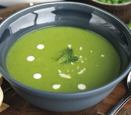 Sweet Pea Bisque with Asiago, Mint and Garlic Scapes