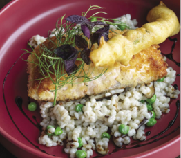 Pan-Seared "Strawberry Run" Sea Trout with Barley Shiitake Risotto and Asparagus Fritters