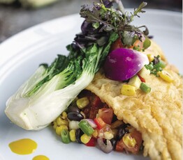 Fried Catfish with Charred Corn Succotash and Braised Fall Vegetable Ragout