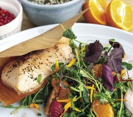 Cedar Planked Atlantic Salmon with a Ginger, Mandarin and Pea Shoot Salad