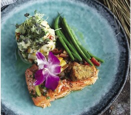 Sweetgrass Lacquered Rainbow Trout with Fried Toutons and Warm Bacon Tomato Salsa