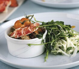 Warm Lobster Bread Pudding with Cabbage Fennel Slaw