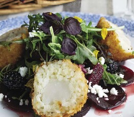 Bay Scallops Risotto Croquettes with Beet and Blood Orange Salad